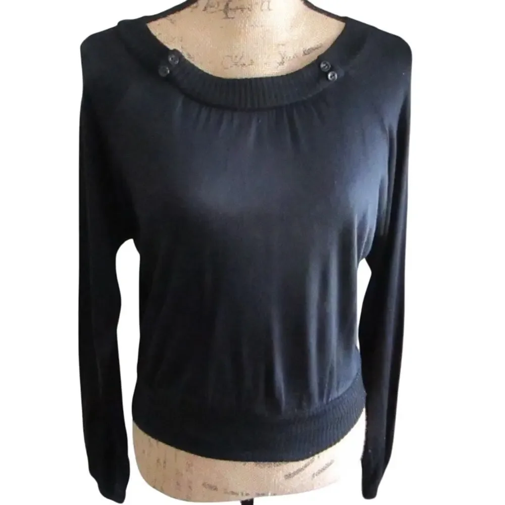 70s Vintage Black Boatneck Sweater Size M Buttons Long Sleeve Minimalist Goth
